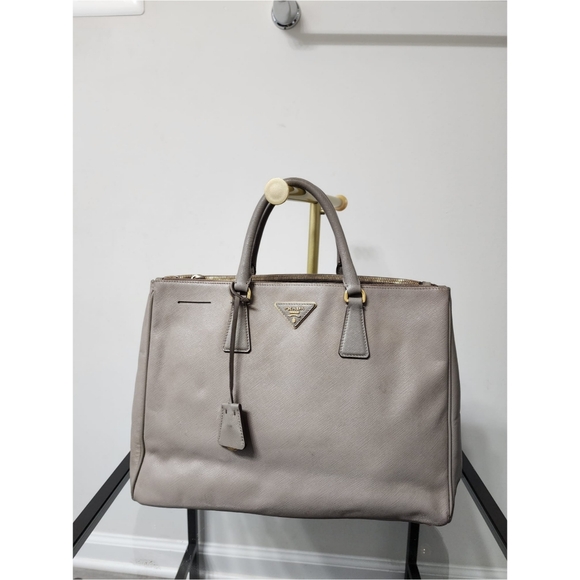Prada Handbags - PRADA 2 Tone Saffiano Lux Large Double Zip Tote Bag Beige